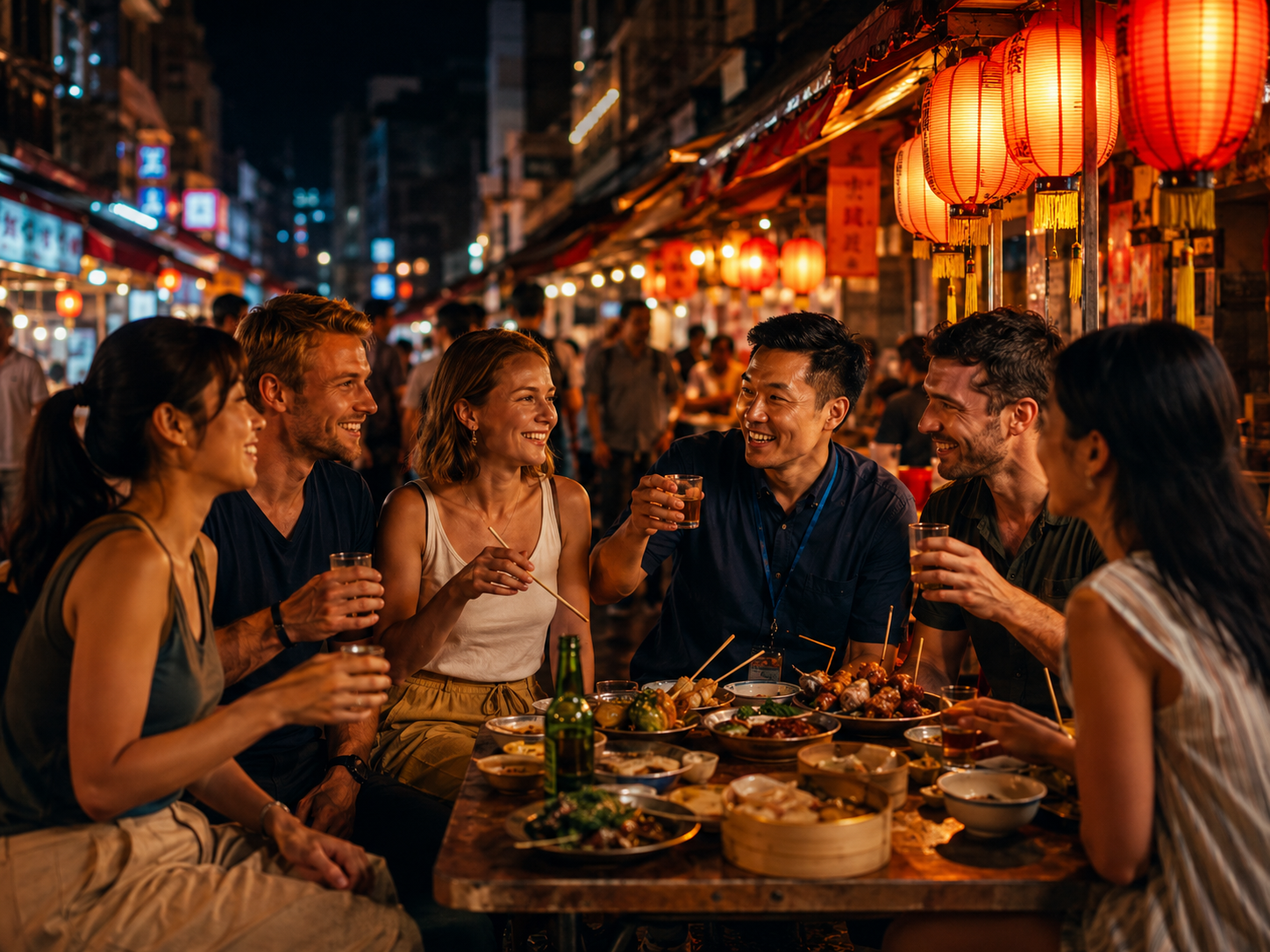 Friends sharing a night market feast with a guide