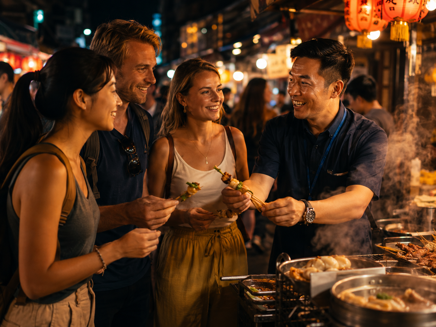 Travelers tasting street food with a local guide at a night market