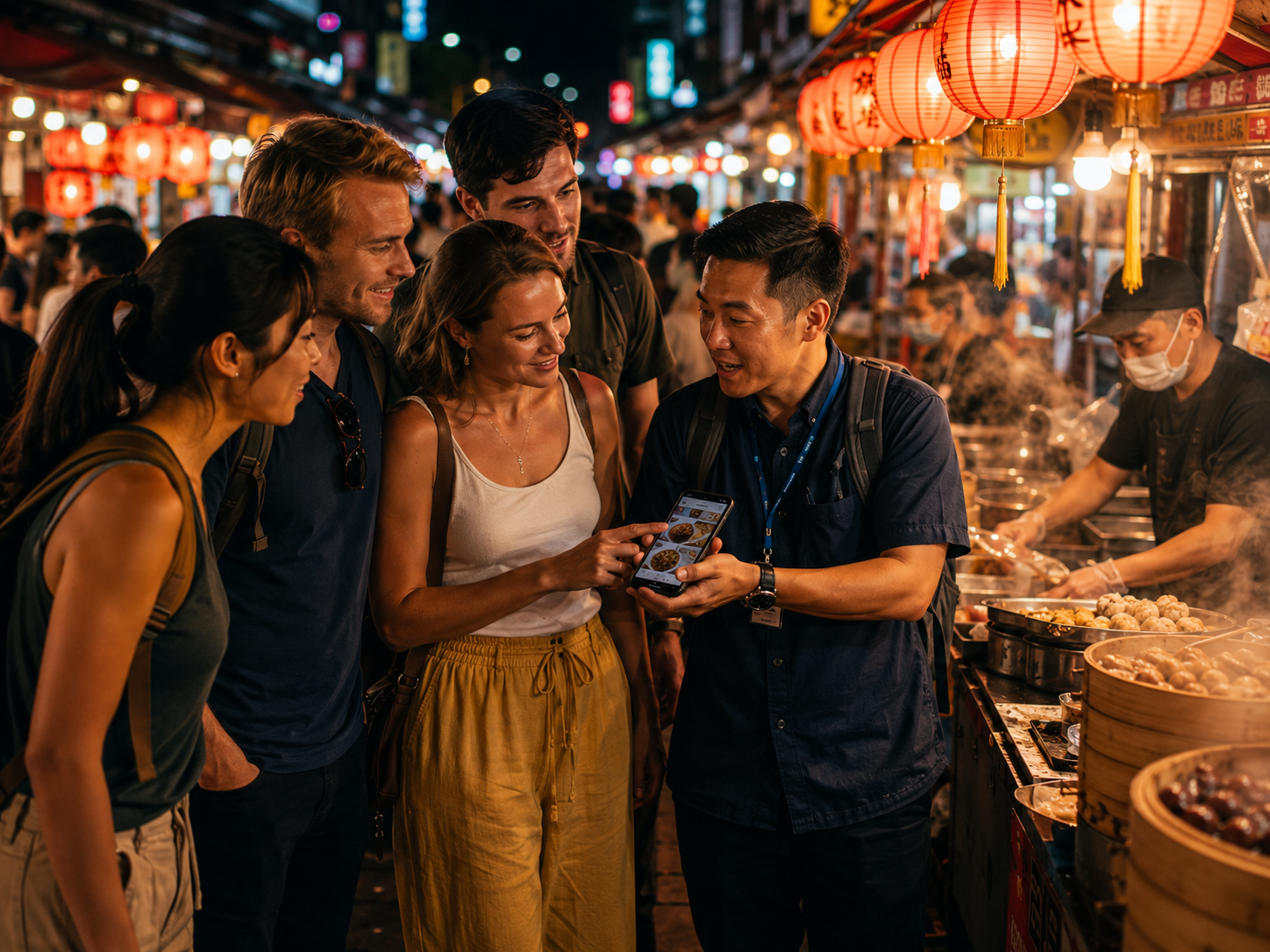 Local guide showing travelers food options at a vibrant night market
